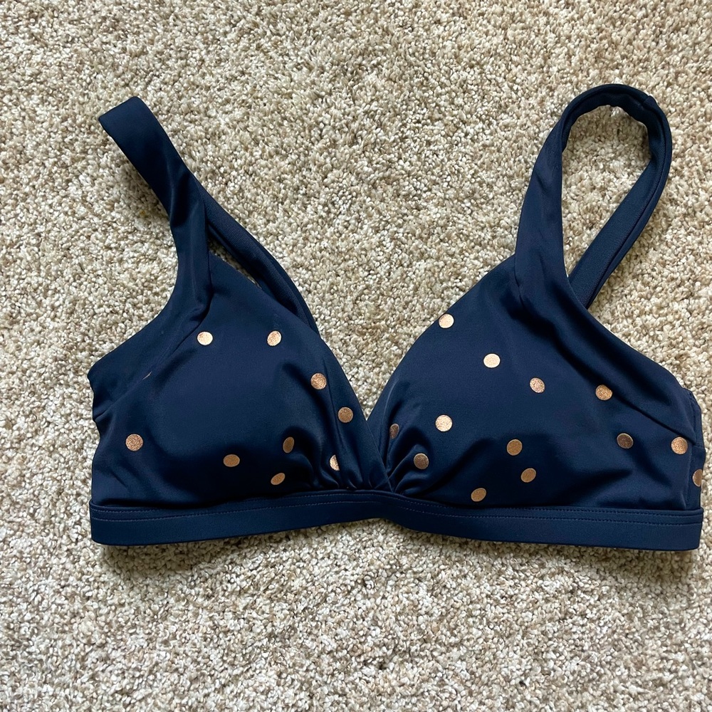 Boden Bikini Top size 4 Navy Blue with Rose Gold Polka Dots